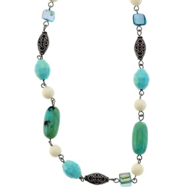 Behave - Lange ketting met turquoise en antiek zilverkleurige kralen - 88 cmBehave - Lange ketting met turquoise en antiek zilverkleurige kralen - 88 cm