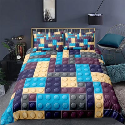 Housse de couette en blocs de construction Simple Queen Ensemble de literie Cubes de jouets colorés Blocs Imprimé Doux Housse de couette en microfibre pour adolescentes EU Single(135x200cm)