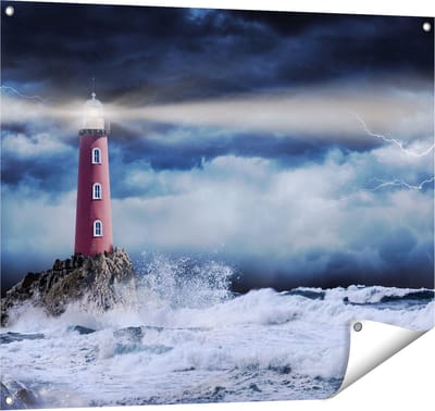 Gards Tuinposter Vuurtoren op een Storm Zee met Golfen Water - 100x80 cm - Tuindoek - Tuindecoratie - Wanddecoratie buiten - Tuinschilderij