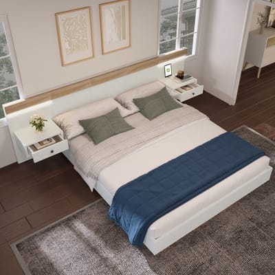 MODFU Bedframe 140x200 cm – Wit/sonoma eik met 2 LED-nachtkastjes & USB-C – Zwevend