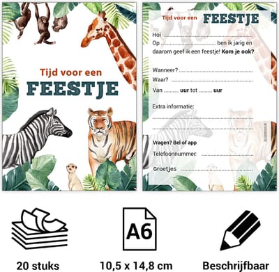 Uitnodiging kinderfeestje Dieren - Voordeelset 20 stuks - Beschrijfbaar - Uitnodigingskaarten - Uitnodiging verjaardag - uitnodiging verjaardag feest - Uitnodiging kinderfeestje Jongen of Meisje - Uitnodiging feestje - uitnodigingen