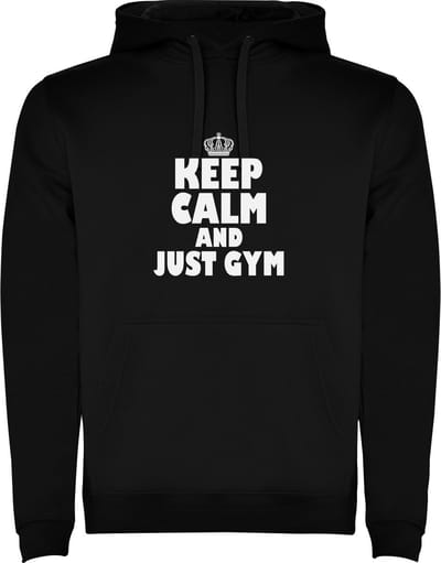 Zwarte unisex hoodie met “ Kleurrijke Keep Calm and just Gym – Blijf Kalm en sport – Sport – Humor – Zet Door – Niet opgeven “ Print Full Color merk Roly maat XL