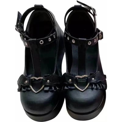 Nieuwe Sweet Heart Gesp Sleehakken Mary Janes Dames Roze T-Strap Chunky Platform Lolita Schoenen Vrouw Punk Gothic Cosplay Schoenen 43 42 zwart
