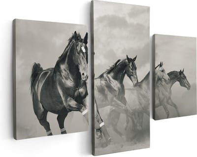 Artaza Canvas Schilderij Drieluik Vier Paarden Naast Elkaar - Zwart Wit - 90x60 - Foto Op Canvas - Canvas Print