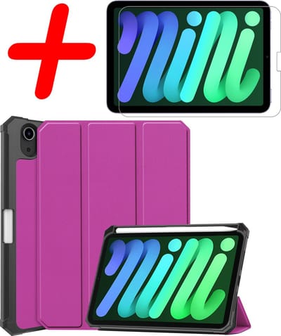Hoesje Geschikt voor Apple iPad Mini 6 (2021) - 8.3 inch - 6e Generatie - Met Screenprotector - Trifold Bookcase - Hard Cover Case - Met Uitsparing Geschikt voor Apple Pencil - Hardcover Book - Tablet Hoes - Paars