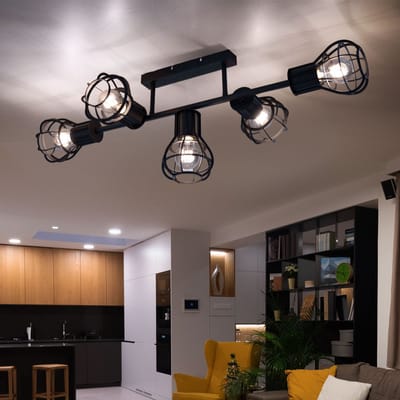 Plafondlamp plafondlamp spot eetkamer kooilook 5 vlammen plafondlampen, metaal zwart, 5x E27 fitting, LxBxH 90x37x30 cm