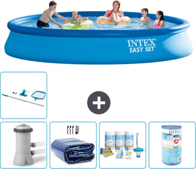 Intex Rond Opblaasbaar Easy Set Zwembad - 457 x 84 cm - Blauw - Inclusief Pomp - Solarzeil - Onderhoudspakket - Filter - Schoonmaakset - 6-delig
