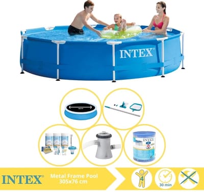 Intex Rond Frame Zwembad - 305 x 76 cm - Blauw - Inclusief Solarzeil - Onderhoudspakket - Zwembadfilterpomp - Filter - Schoonmaakset - 6-delig
