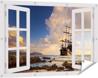Gards Tuinposter Doorkijk Piratenschip aan de Kust bij Zonsondergang - 120x80 cm - Tuindoek - Tuindecoratie - Wanddecoratie buiten - Tuinschilderij