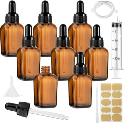 Dailygoods- Pipetflesjes 20 ml - Herbruikbare Glazen Fles - Amber/Bruin - Stabiel Vierkantig Ontwerp - 8 Stuks - Geschikt voor Etherische Oliën - Druppelflesjes