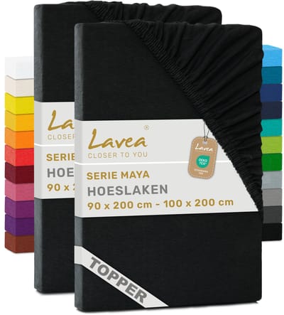 Lavea® Set van 2 Hoeslakens voor Topper 90x200cm - 100x200cm – 100% Katoen Jersey – voor Topper tot 10 cm – met Elastiek rondom – Zwart