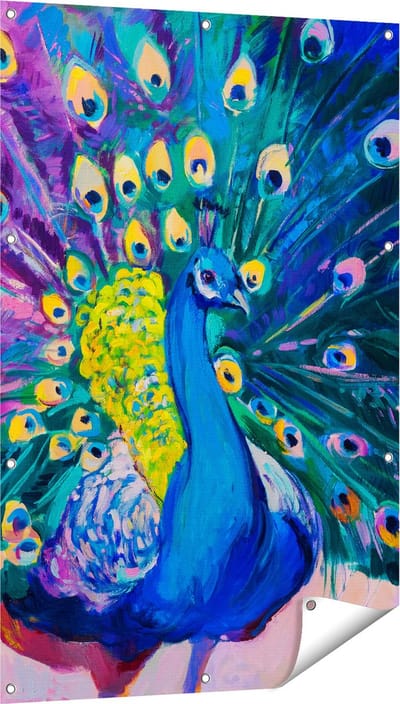 Gards Tuinposter Pauw met Kleurrijke Veren van Olieverf - Abstract - 80x120 cm - Tuindoek - Tuindecoratie - Wanddecoratie buiten - Tuinschilderij