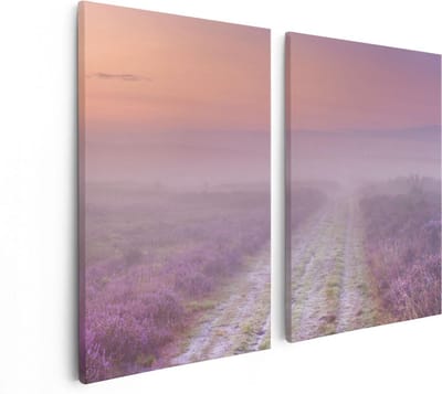 Artaza Canvas Schilderij Tweeluik Pad in de Weide tijdens de Mist - 80x60 - Foto Op Canvas - Canvas Print