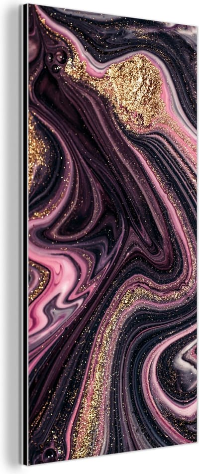 Wanddecoratie Metaal - Aluminium Schilderij Industrieel - Marmerlook - Roze - Paars - Goud - Luxe - Marmer - 80x160 cm - Dibond - Foto op aluminium - Industriële muurdecoratie - Voor de woonkamer/slaapkamer