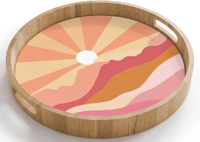 Dienblad rond 40x40 cm - Schootdienblad hout - Bergen - Abstract - Zonnestralen - Roze - Borrelplank rechthoek - Plateau houten dienbladen