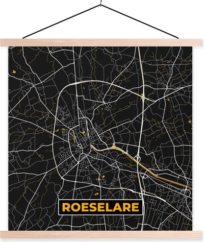 Posterhanger incl. Poster 40x40 cm - Schoolplaat - Roeselare - Stadskaart - Plattegrond - Goud - Kaart - Textielposter - Blanke latten - Stadskaart