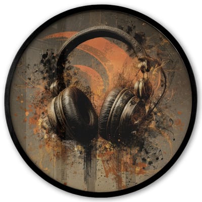 Poster in lijst Rond - Fotolijst 40x40 cm - Posters - Koptelefoon - Bruin - Verf - Vintage - Ronde posterlijst zwart - Decoratie - Wanddecoratie woonkamer - Muurdecoratie slaapkamer