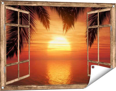 Gards Tuinposter Doorkijk Zonsondergang op het Strand met Palmbomen - 90x60 cm - Tuindoek - Tuindecoratie - Wanddecoratie buiten - Tuinschilderij