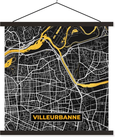 Posterhanger incl. Poster 60x60 cm - Schoolplaat - Villeurbanne - Stadskaart – Plattegrond – Kaart – Frankrijk - Textielposter - Zwarte latten - Stadskaart