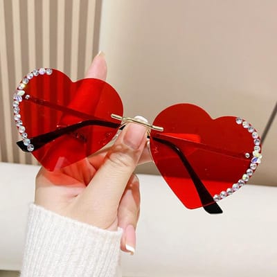 UV400 Zonnebril Metalen Frame Liefde Hart Bril Randloos Oogwerk Lichtgewicht Hart Zonnebril Voor Strandkleding Buitenactiviteiten Vrouwen