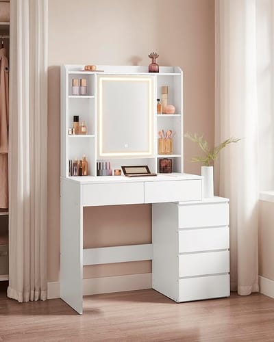 Make-uptafel met ledverlichting, instelbare helderheid, kaptafel met spiegel en met laden, open vakken, verstelbare planken - wit - RDT124W01-2
