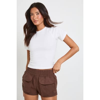 boohoo Dames Geperzikt Runner Short Met Zakken | Chocoladebruin | Maat: 34