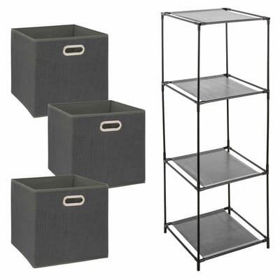 Kastmandjes/opberg manden - donkergrijs - 3x stuks van 29 Liter - In metalen rekje van 34 x 98 cm