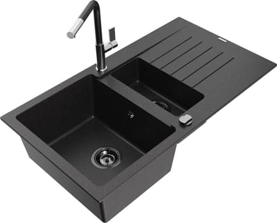 Mexen Matias granieten gootsteen 1,5-kamer met afdruiprek en keukenkraan Flora, zwart/zilver - 6502-73-670401-07-B