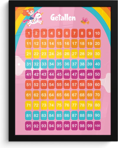 Poster in lijst - Fotolijst 30x40 cm - Posters - Getallen - Leren tellen voor kinderen - Getallenlijn - Cijfers - Roze - Eenhoorn - Posterlijst zwart - Kamer decoratie - Wanddecoratie kinderkamer - Muurdecoratie babykamer