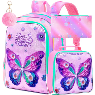 Sac à dos Papillon 3 pièces, Sac d'école 16  pour Filles avec Boîte à Lunch, Sac d'école Élémentaire Résistant à l'eau pour Maternelle