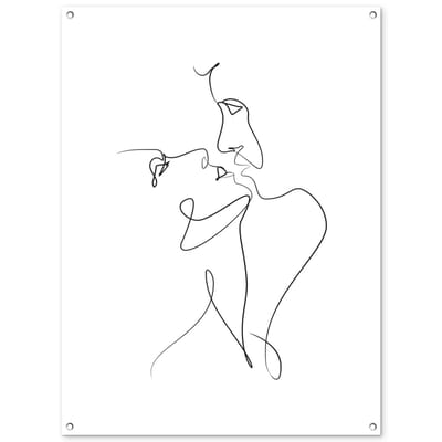 Tuinposter 90x120 cm - Tuindecoratie Abstracte line art van een koppel met gesloten ogen op een witte achtergrond - Poster voor in de tuin - Buiten decoratie - Schutting tuinschilderij - Tuindoek muurdecoratie - Wanddecoratie balkondoek