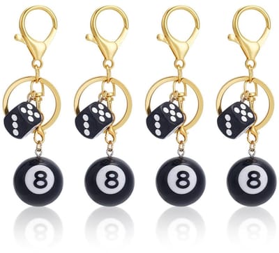 Dailygoods- Sleutelhanger - 4 stuks - Zwart kunststof - Biljartbal/dobbelsteen - IJzeren ringen - Geluksbrenger - Harsbal voor sieraden - Sleutelhangeraccessoires