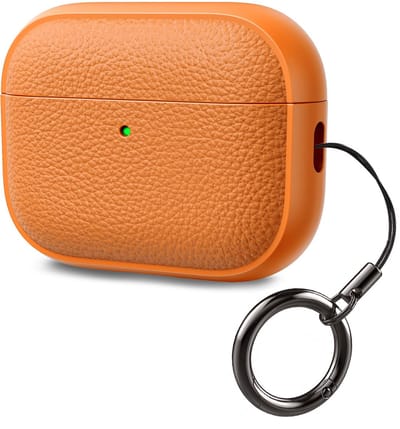 Namajunas - Case geschikt voor Apple AirPods Pro 3 hoesje - Zachte TPU draadloos oordopjes Hoes met Bevestigingslus - Lederlook Met Houtstructuur - Beschermhoes - Oranje