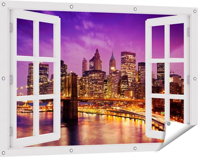 Gards Tuinposter Doorkijk Skyline New York van Centrum in het Paars - 120x80 cm - Tuindoek - Tuindecoratie - Wanddecoratie buiten - Tuinschilderij