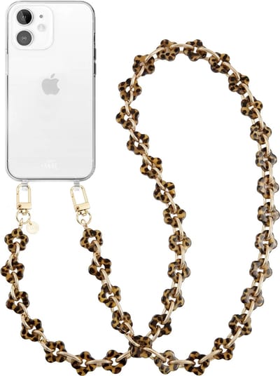 xoxo Wildhearts siliconen hoesje geschikt voor iPhone 12 - Leopard Flowers (lang koord) - Telefoonhoesje - Hoesje met koord - Bloemen koord met luipaardprint - Lang telefoonkoord - Transparant hoesje