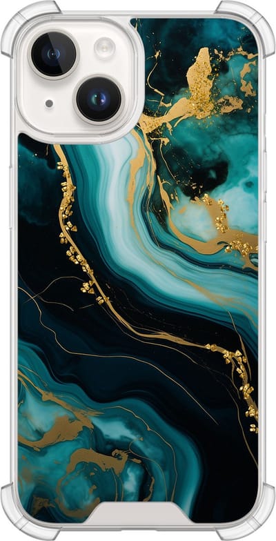 Shockproof hoesje - Geschikt voor iPhone 14 - Marmer blauw goud - Extra sterke case - TPU/polycarbonaat - Marmer - Blauw, Transparant
