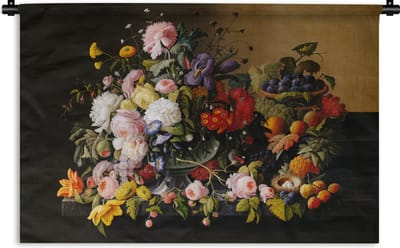 Wandkleed - Wanddoek - Stilleven met bloemen en fruit - Kunstwerk - Oude meesters - 180x120 cm - Wandtapijt