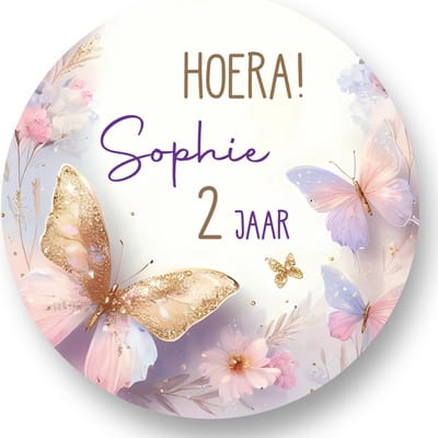 20x Traktatie Stickers Met Naam en Leeftijd - Vlinders - Gepersonaliseerd - Vlinder - Sluitstickers - Kinderfeest Traktatie - Uitdelen - Uitdeeltraktatie - Wensetiket - Rond - 40mm - Glossy sticker - Uitdeeltraktatie - Kinderfeest - RoNa Design