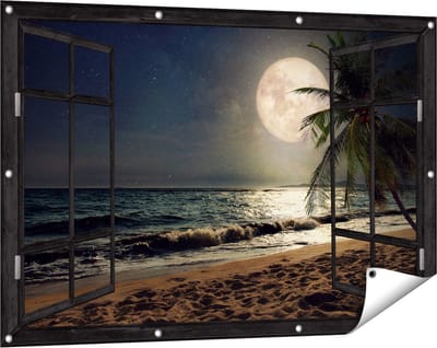 Gards Tuinposter Doorkijk Tropisch Strand in de Nacht met Volle Maan - 120x80 cm - Tuindoek - Tuindecoratie - Wanddecoratie buiten - Tuinschilderij