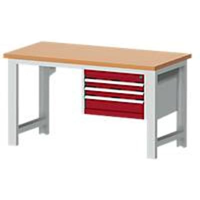 Bott cubio werkbank, handmatig in hoogte verstelbaar 740-1140 mm, koper beuken werkblad 40 mm, B 1500 x D 750 mm, stalen frame, 1200 kg, paars/lichtgrijs