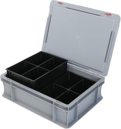 Alpac ProSort - Stapelbak met deksel - Opbergbak - 2 uitneembare sorteerbakjes - 8 Vakken - 400 x 300 x 140 mm - Grijs/Zwart