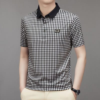 Zomer Ruit Polo Shirt Heren Naadloos Korte Mouwen Zakelijk Middelbare Leeftijd Vrije Tijd Kraag T-shirt 4XL gray
