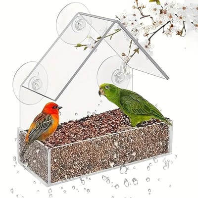 Vogelvoederhuisje - met zuignap - raamhanger - automatische voeder - acryl - klein formaat - 15 x 15 x 6 cm - transparant