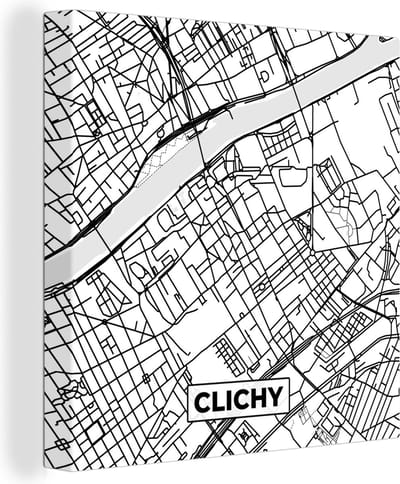Canvas Schilderij Frankrijk - Clichy - Kaart - Plattegrond - Stadskaart - Zwart wit - 20x20 cm - Wanddecoratie