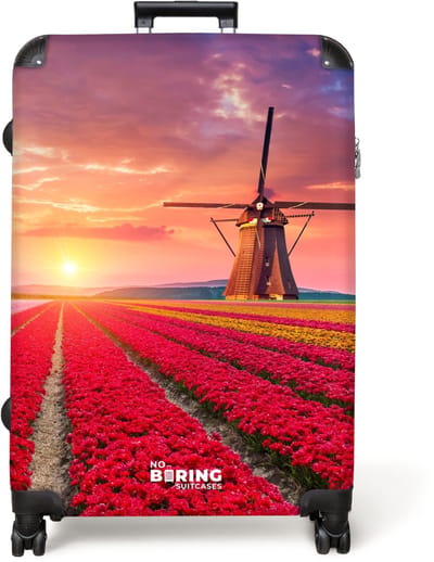 NoBoringSuitcases.com® - Koffer groot - Reiskoffer lichtgewicht - Bloemenveld met een molen - Rolkoffer met 4 wielen - Grote trolley XL - 98 liter bagage