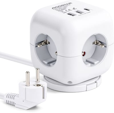 Aigostar Stekkerdoos met USB-C - 3 Stopcontacten - 2x USB-A - Kubus - 1,5 Meter - 3680W - Met Schakelaar - Wit