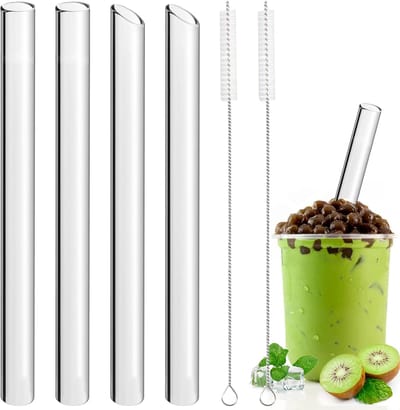 SnelShoppen - 4 stuks Herbruikbare Glazen Rietjes 14mm × 21,5cm voor Bubble Tea, Smoothies, Cocktails, Slush, Sappen met 2 Reinigingsborstels - Perfec
