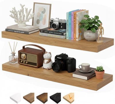 Wandplanken Set van 2, 80 cm, Zwevende Houten Planken met Onzichtbare Steunen voor Badkamer, Slaapkamer en Keuken (Eiken, 80 x 23.5 x 3.8 cm)