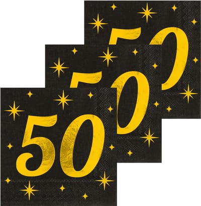 Paperdreams Verjaardag of Abraham/Sarah-feest servetten - leeftijd 50 jaar - 48x stuks - zwart/goud - 33 x 33 cm