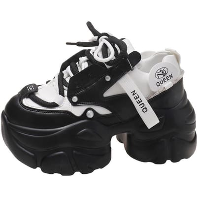 Mode Chunky Sneakers Dames Herfst Veters Platform Sportschoenen Vrouw 9.5CM Dikke Zool Hoge Hakken Dames Leren Sneakers 34 zwart